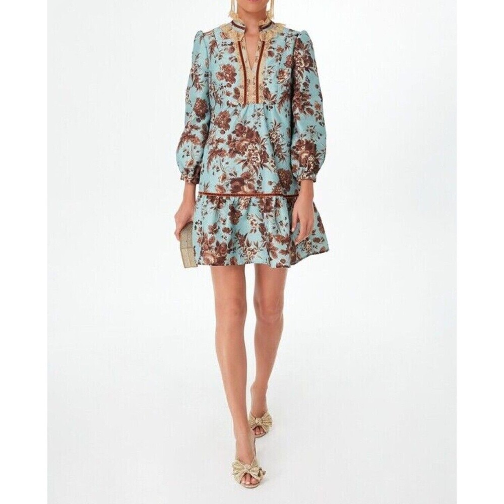 Tuckernuck Blue Floral Drop-Waist Mini Dress with Brown Print